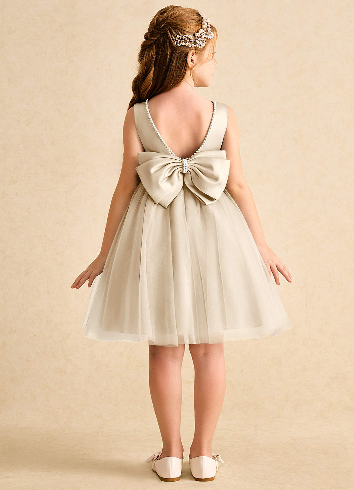 Azazie Jani Flower Girl Dresses Champagne A-Line Bow Tulle Dress image1
