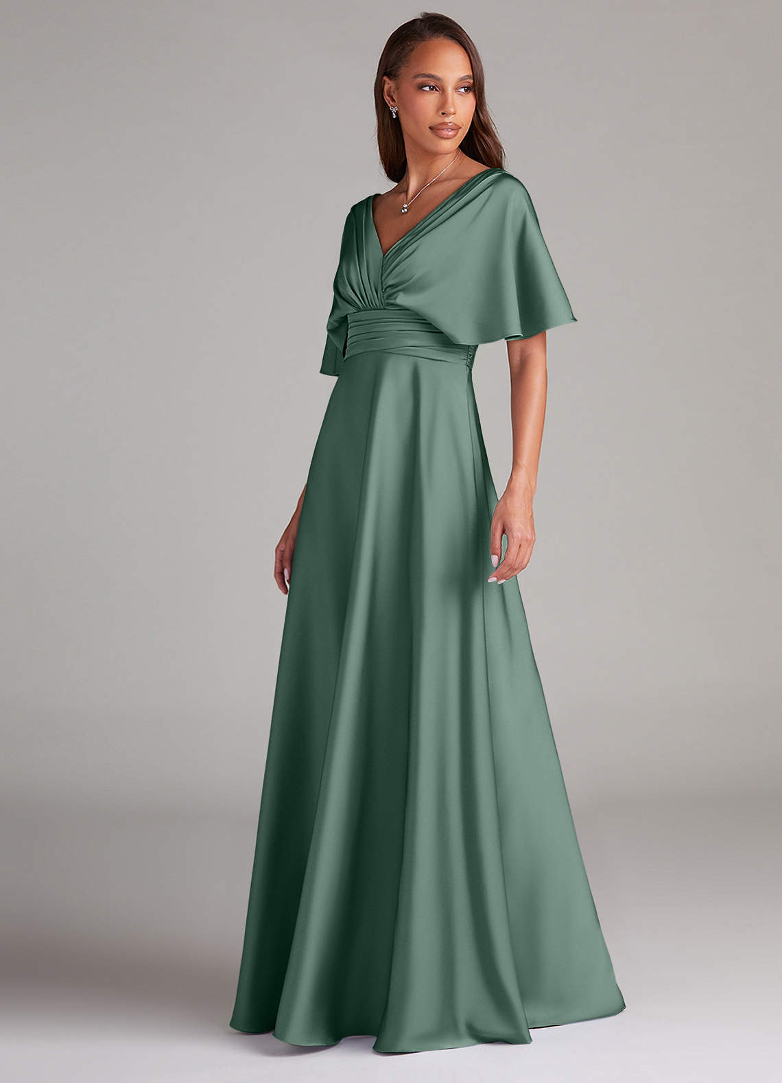 Azazie Pamela Robes de demoiselle d'honneur Robe Trapèze en Satin extensible Plissée Eucalyptus image3