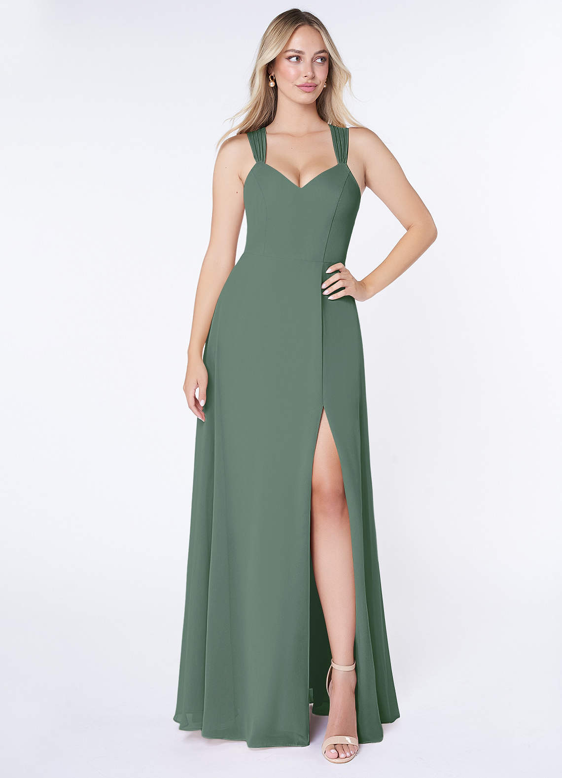 Azazie Jane At-home Try On Dresses Matcha A-Line V-Neck Pleated Chiffon Dress image1