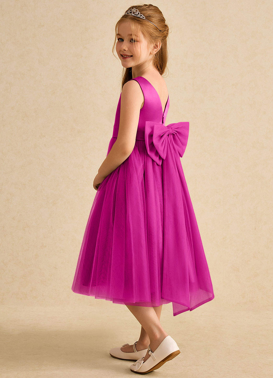 Azazie Winnie Robe Demoiselle D'honneur Fillette Robe Princesse en Tulle Arc Fuchsia image4