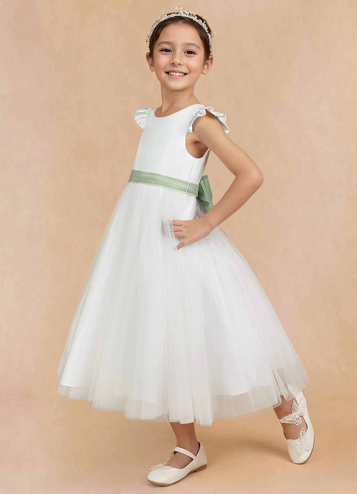 Azazie Hemi Flower Girl Dresses Ivory Dusty Sage A-Line Bow Tulle Dress image2