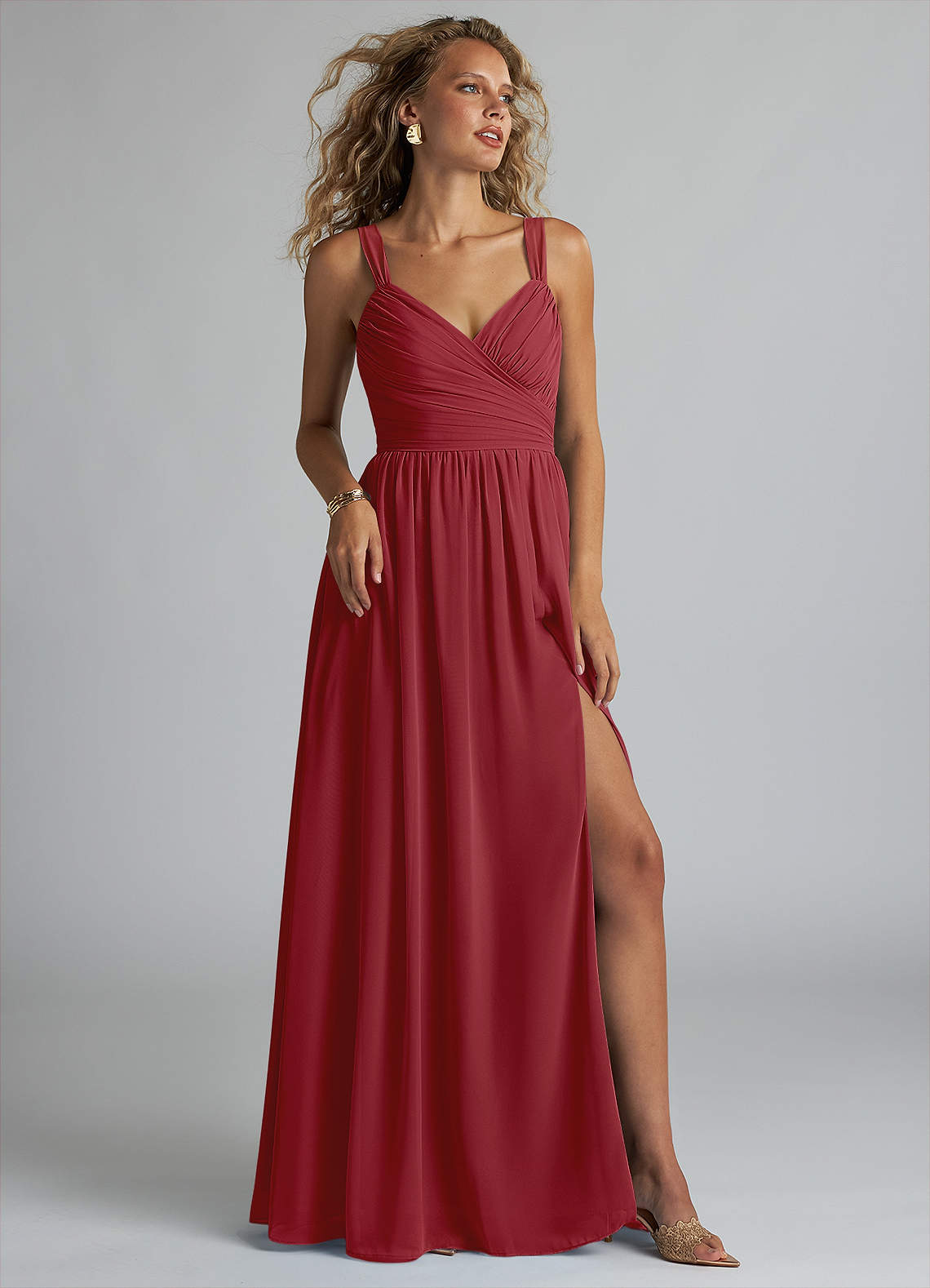 Azazie Aziza Bridesmaid Dresses Pomegranate A-Line V-Neck Pleated Chiffon Dress image1