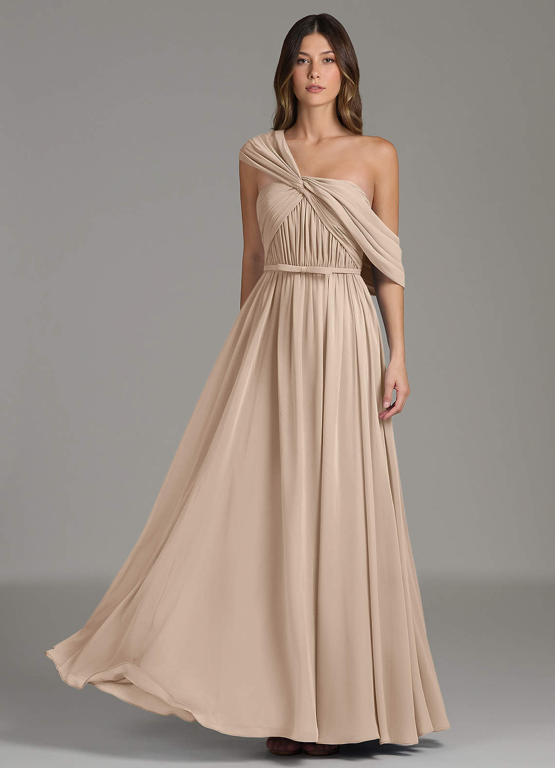 taupe evening dress Spaghetti Straps V-Neck Wedding Guest unexpected dimension to the rear Azazie Nyah