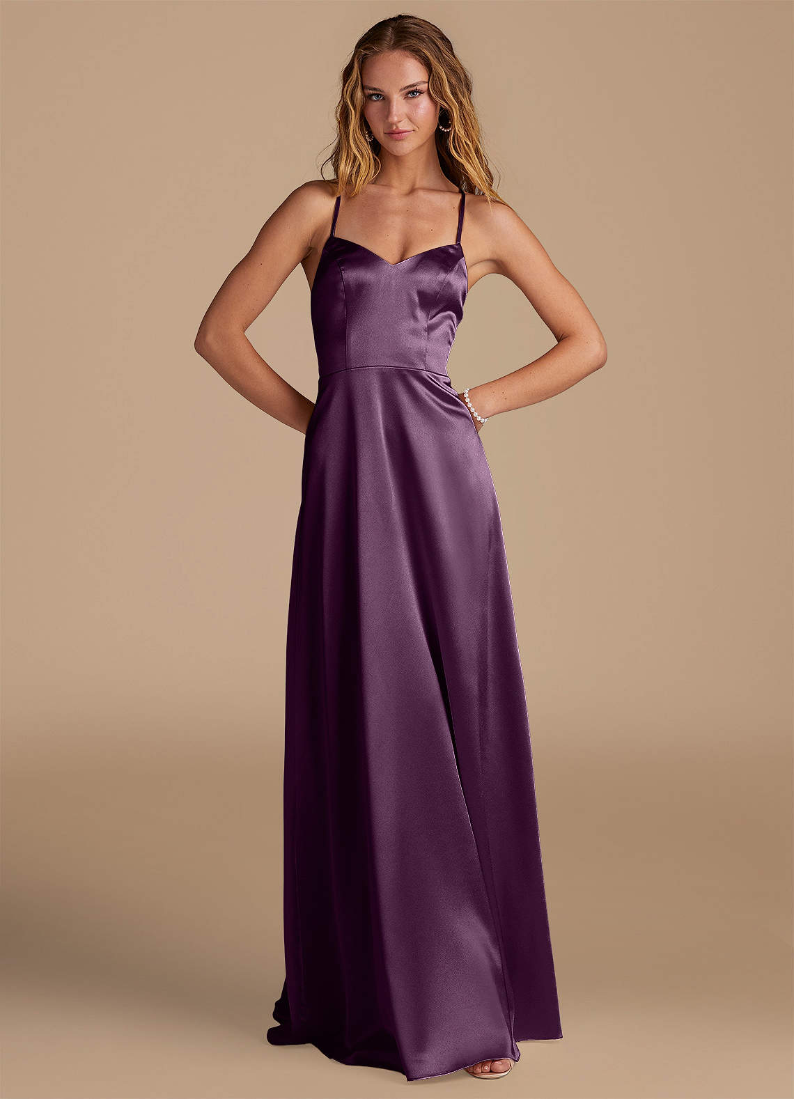 Azazie Mei Bridesmaid Dresses Plum A-Line Metallic Satin Dress image1