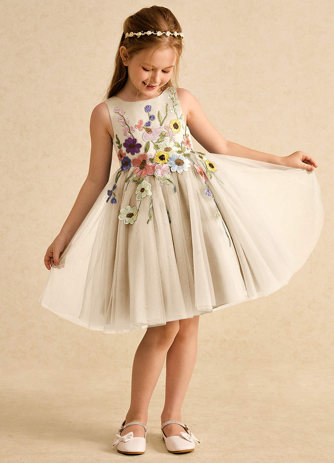 Azazie Prima Flower Girl Dresses Champagne A-Line Bow Tulle Dress image2