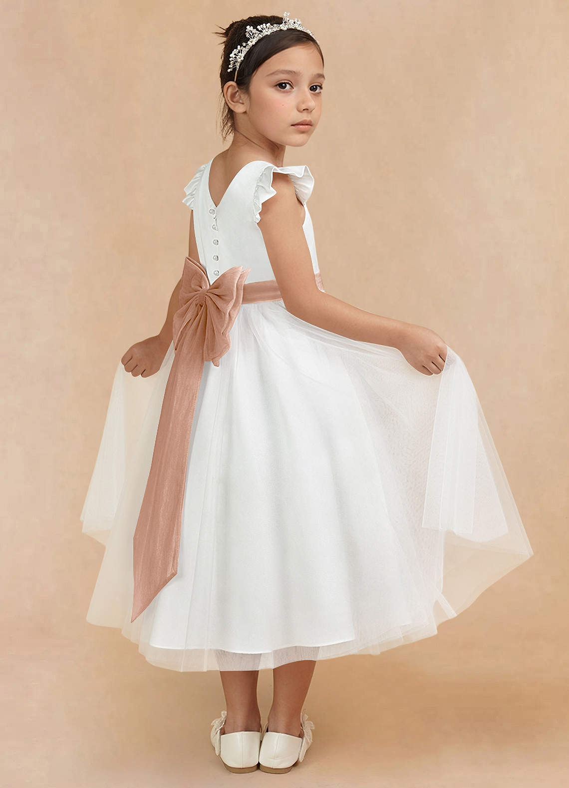 Azazie Hemi Flower Girl Dresses Ivory Champagne Rose A-Line Bow Tulle Dress image1