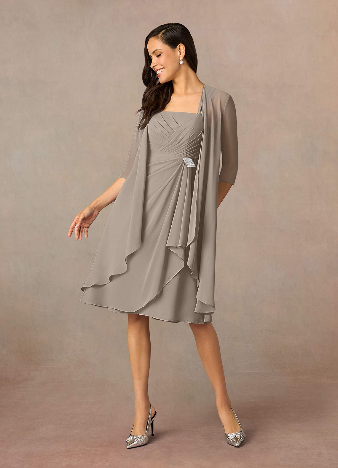 Azazie Olivia Taupe A-Line Square Neckline Pleated Chiffon Dress
