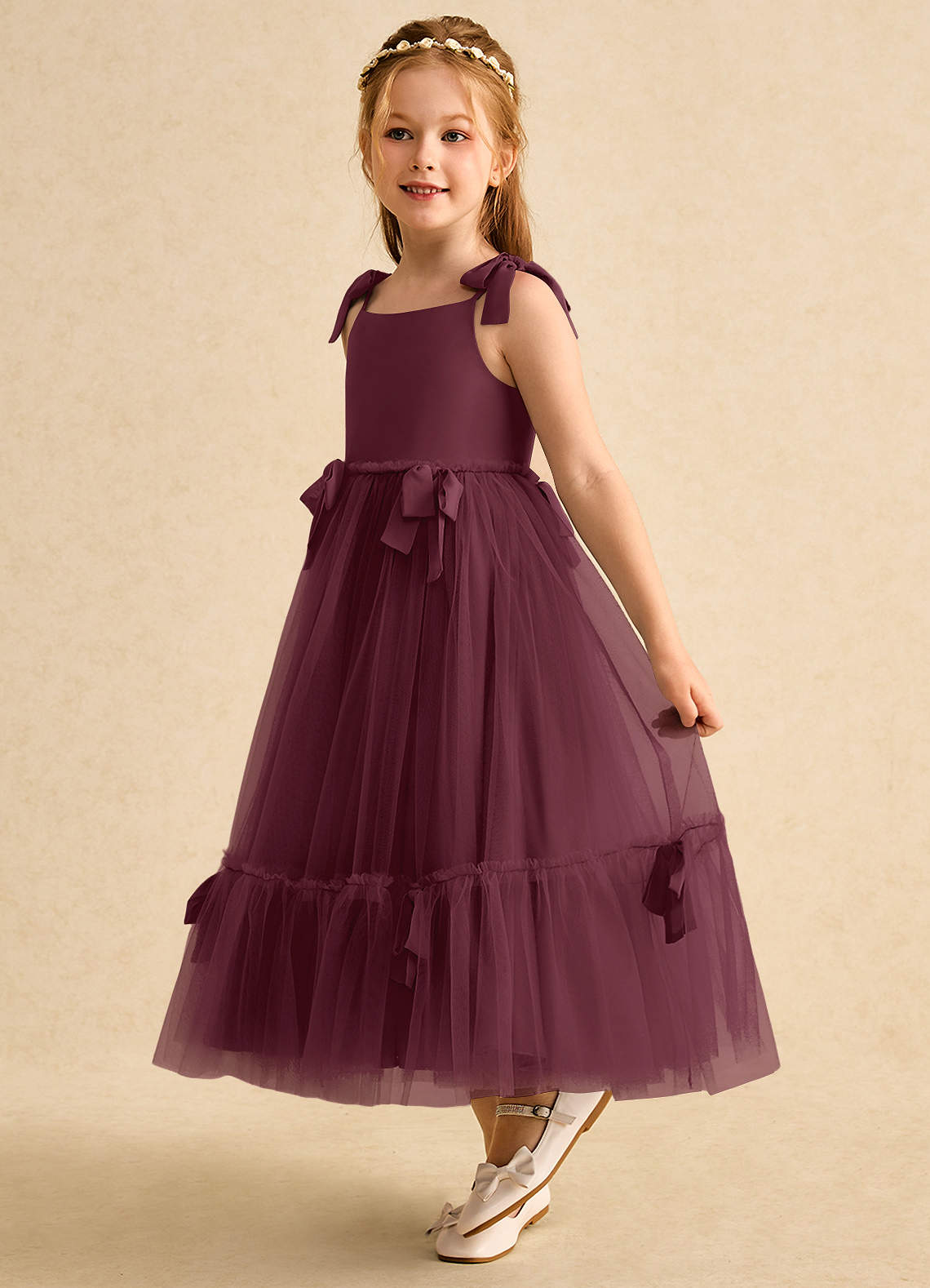 Azazie Jaci vestidos de niña de las flores Vestido de Cabernet de Gasa de Corte En A con Tirante Espagueti image1