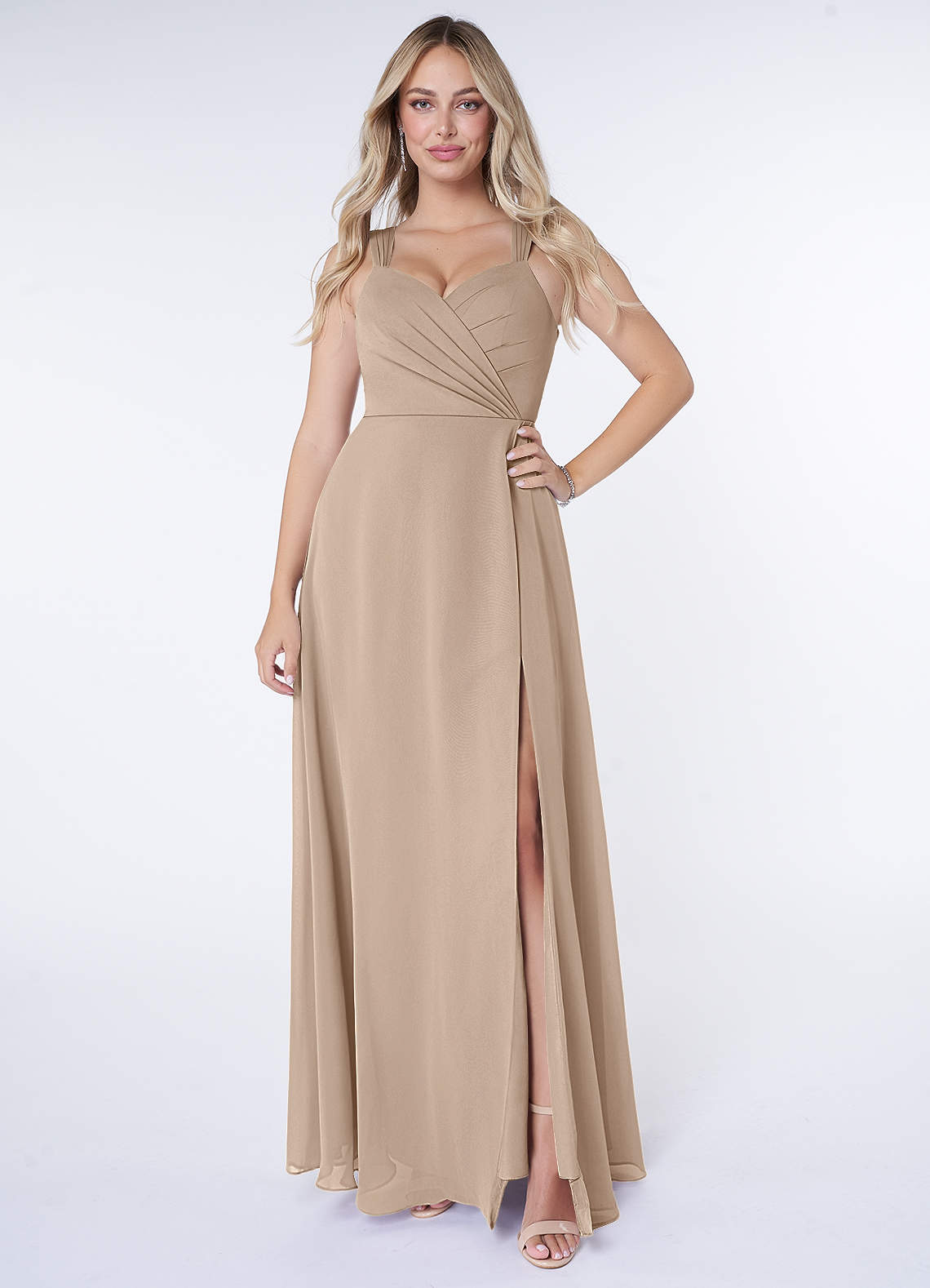 Azazie Nahrin Brudtärnklänningar Klänning av A-Line i Chiffong V-ringad plisserad Taupe image1
