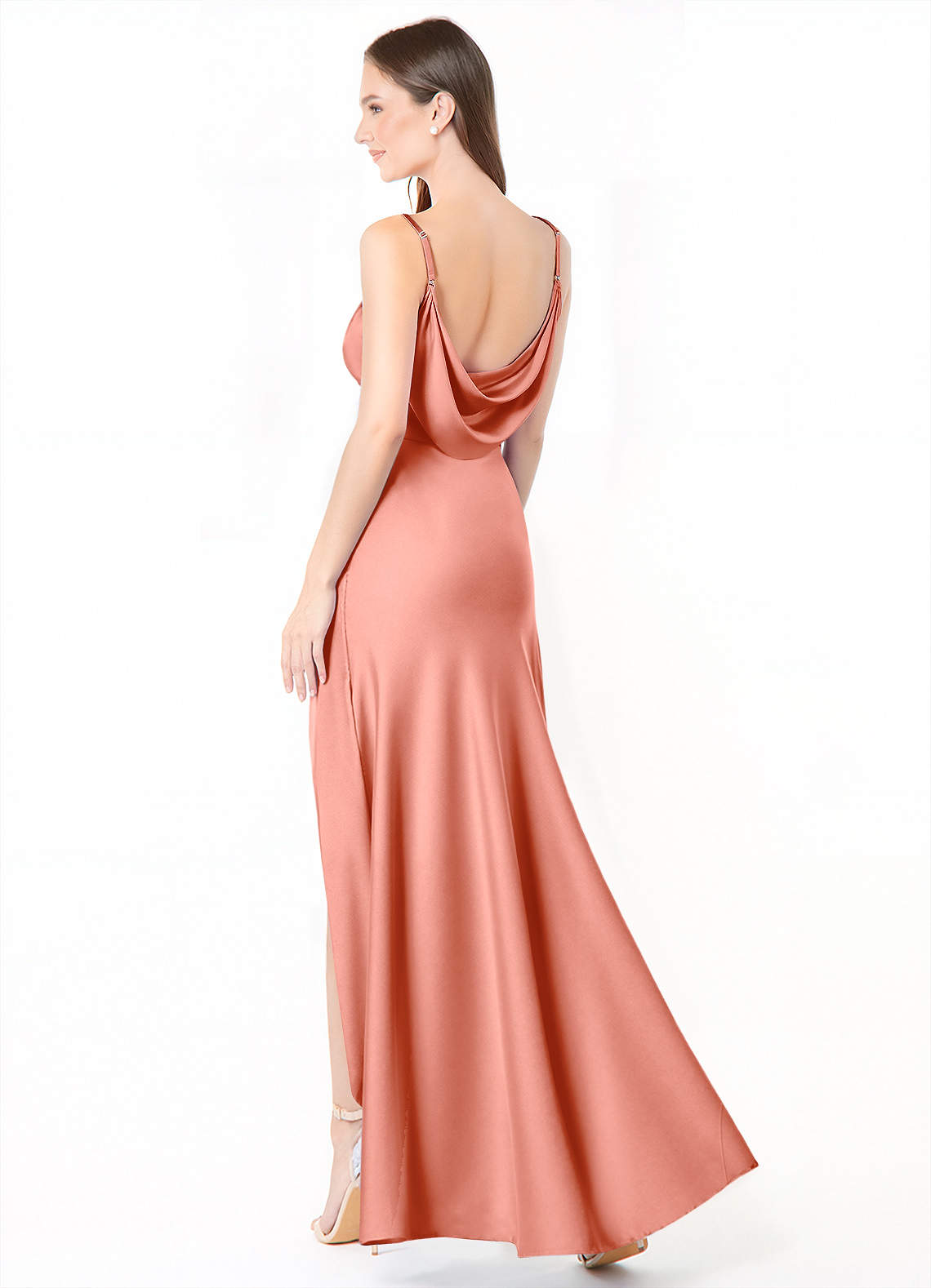 Azazie Alaija Robes de demoiselle d'honneur Robe Sirène en Satin extensible Fente Latérale Corail image1