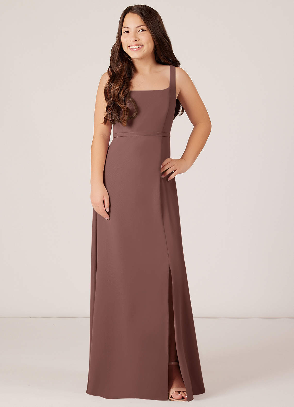 Azazie Renee Junior Espresso A-Line Side Slit Chiffon Dress image1