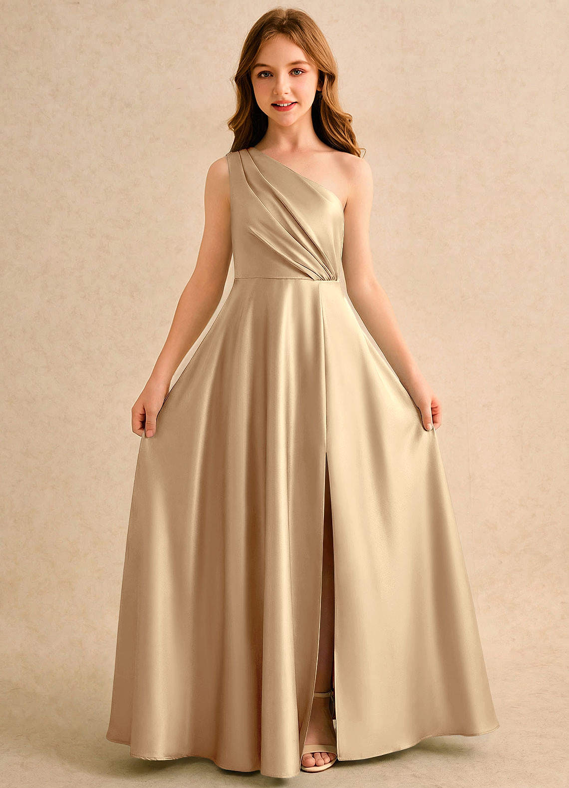 Azazie Puddles Girls Formal Robe Demoiselle D'honneur Fillette Robe Trapèze en Satin extensible Une épaule Champagne image4