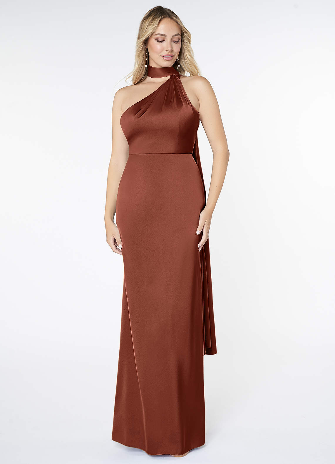 Azazie Kaylani Bridesmaid Dresses Clay Mermaid High Neck Stretch Satin Dress image1