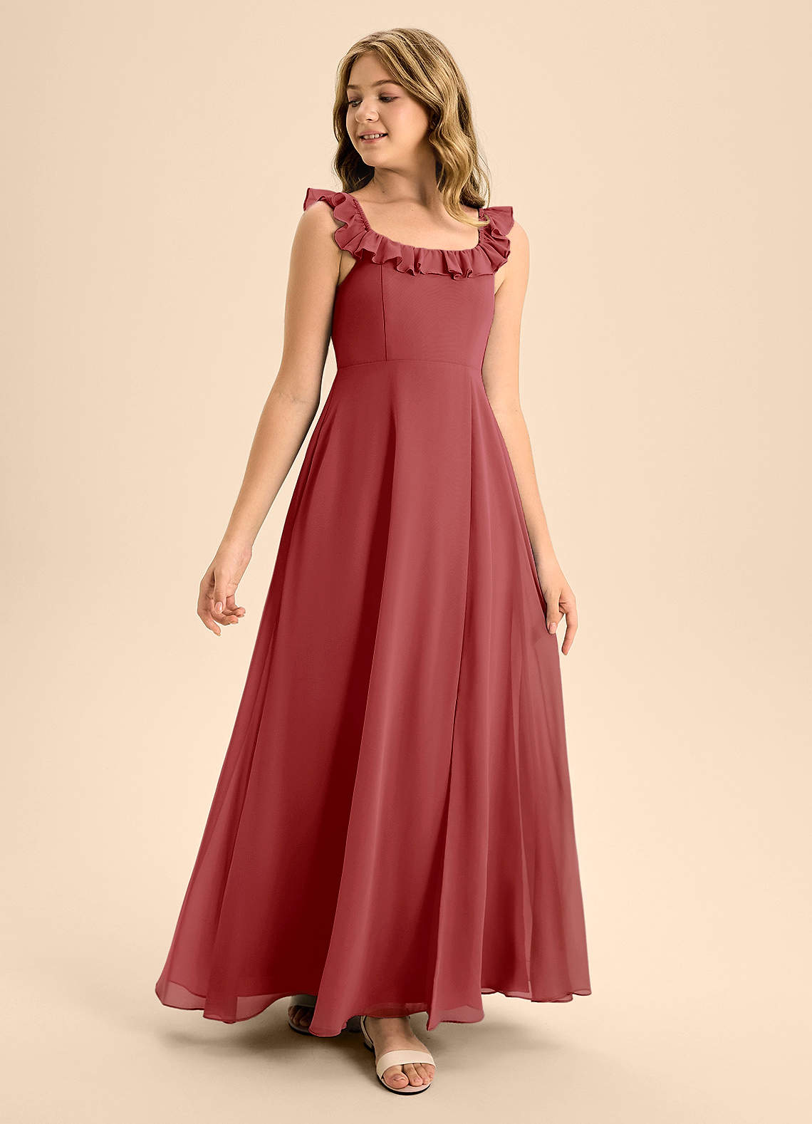 Azazie Callie Junior Abito A-Line in Chiffon Increspato Ruggine image1