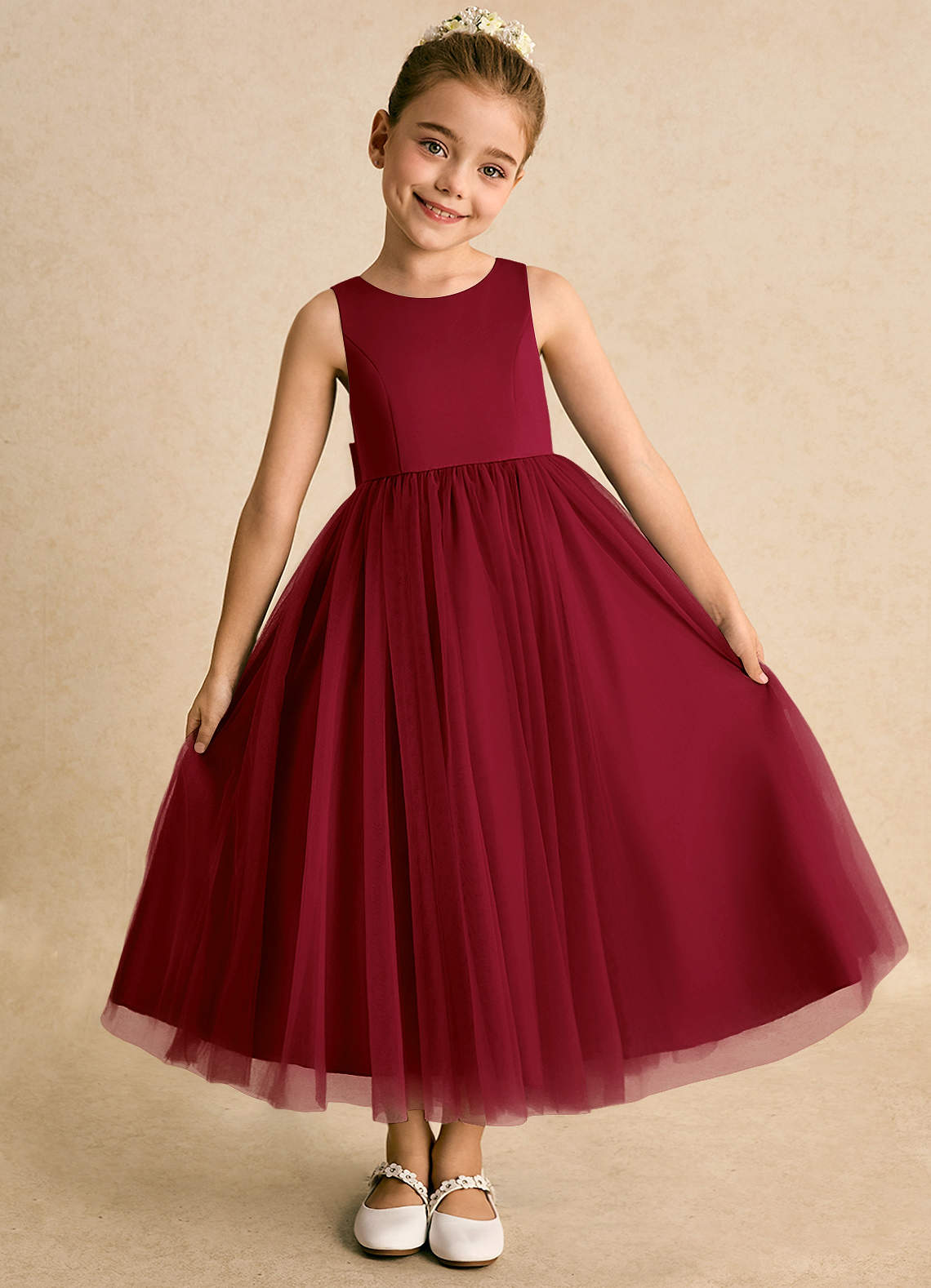 Azazie Solia Robe Demoiselle D'honneur Fillette Robe Princesse en Tulle Arc Bourgogne image4