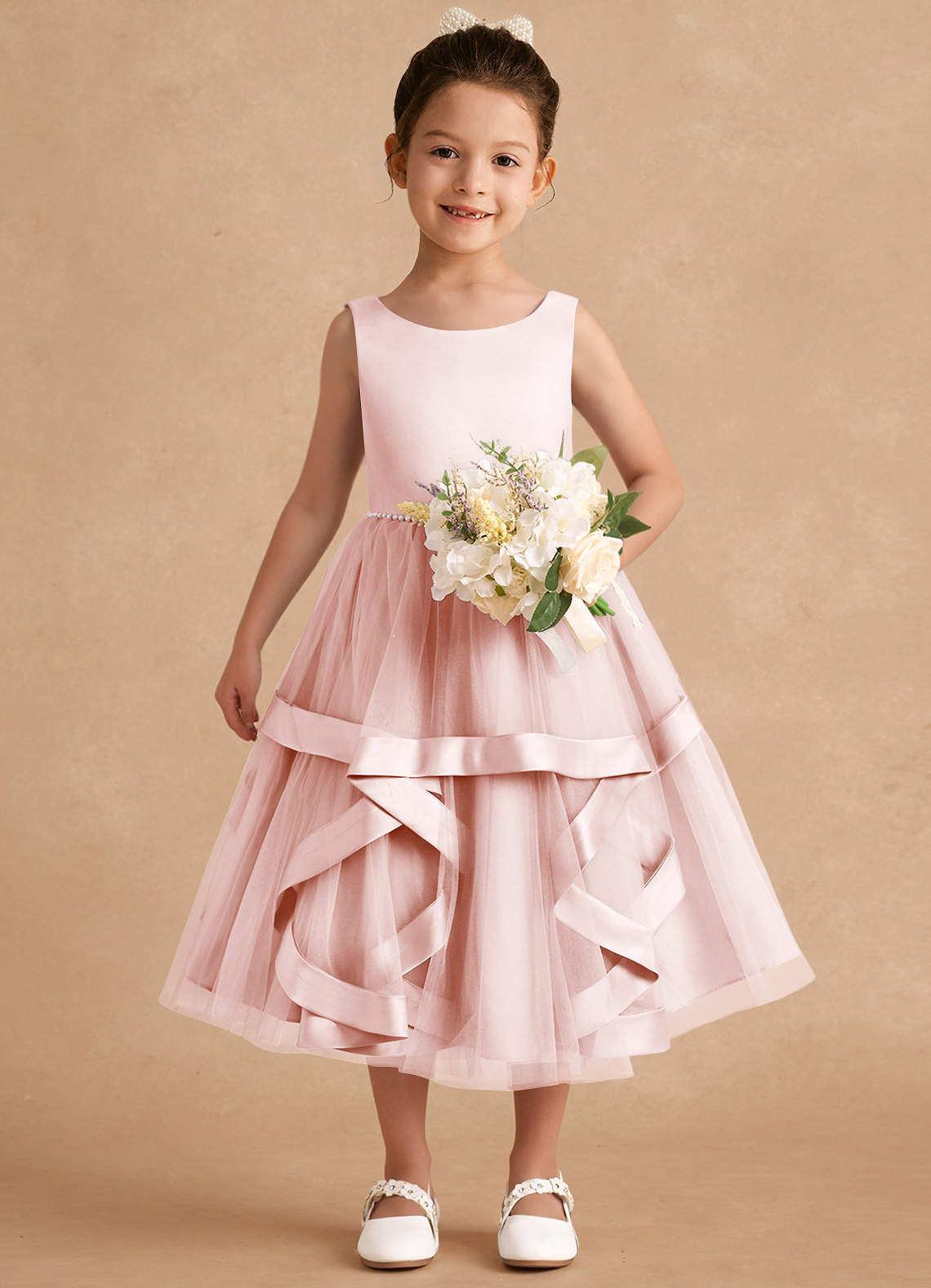 Azazie Posy Flower Girl Dresses Blushing Pink A-Line Beaded Tulle Dress image3