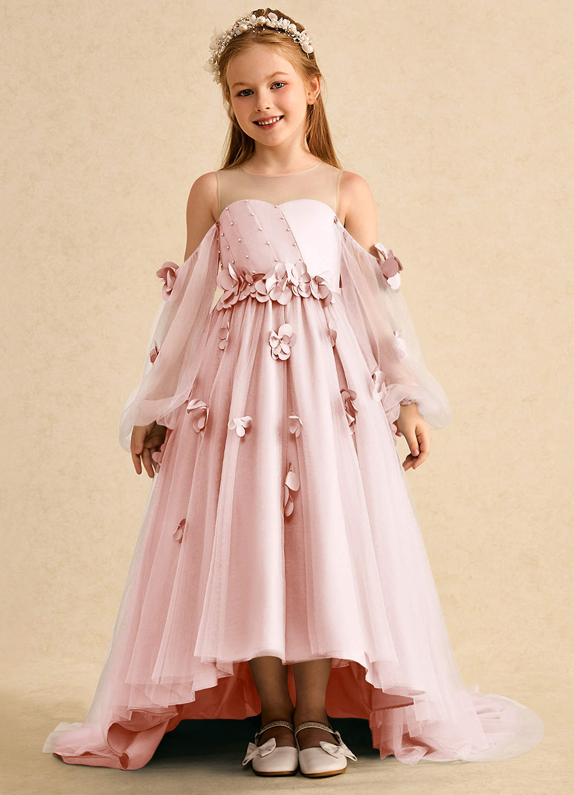 Azazie Karrie Robe Demoiselle D'honneur Fillette Robe Trapèze en Tulle avec manches Rose Pâle image1