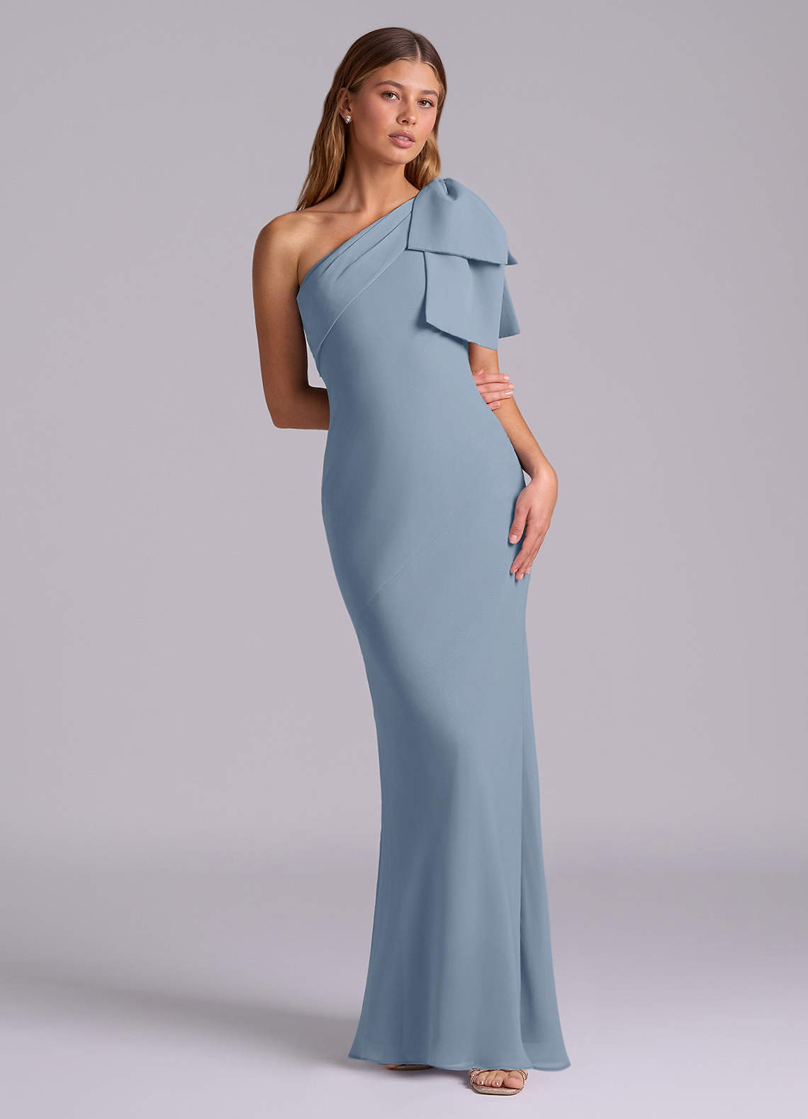 Azazie Yuanna At-home Try On Dresses Dusty Blue Mermaid One Shoulder Chiffon Dress image2