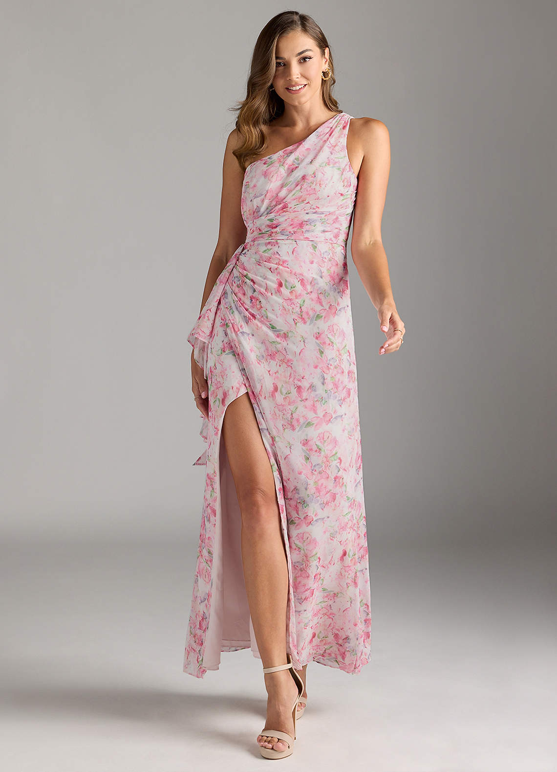 Azazie Maive Bridesmaid Dresses Abstract Watercolor Floral Sheath Pleated Ruffle Chiffon Dress image1