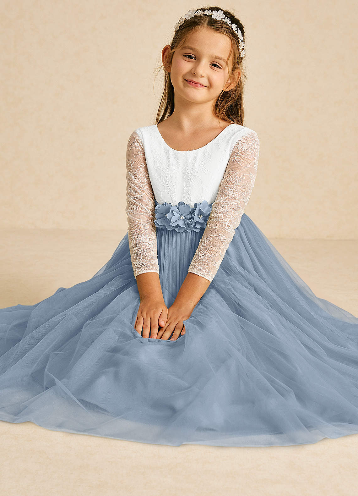 Azazie Mae vestidos de niña de las flores Vestido de Marfil Azul Polvoriento de Tul de Corte En A con Lazo image1