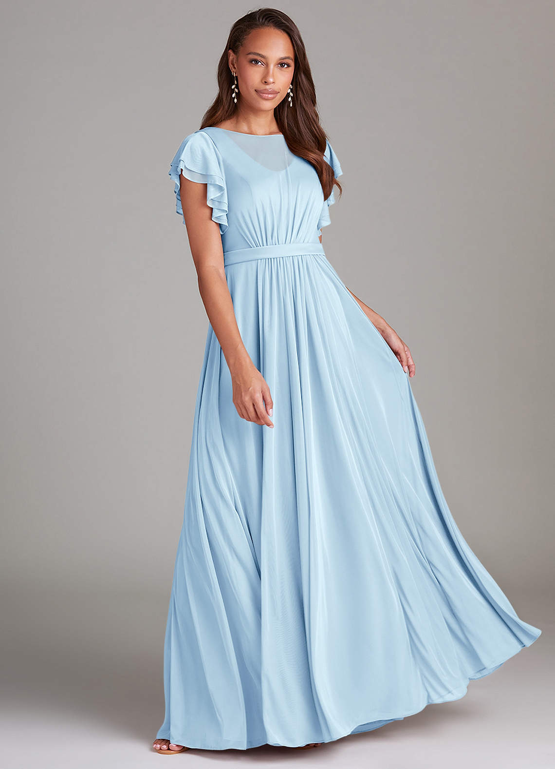 Azazie Daphne Modest Bridesmaid Dresses A-Line Ruched Mesh Floor-Length Dress image1