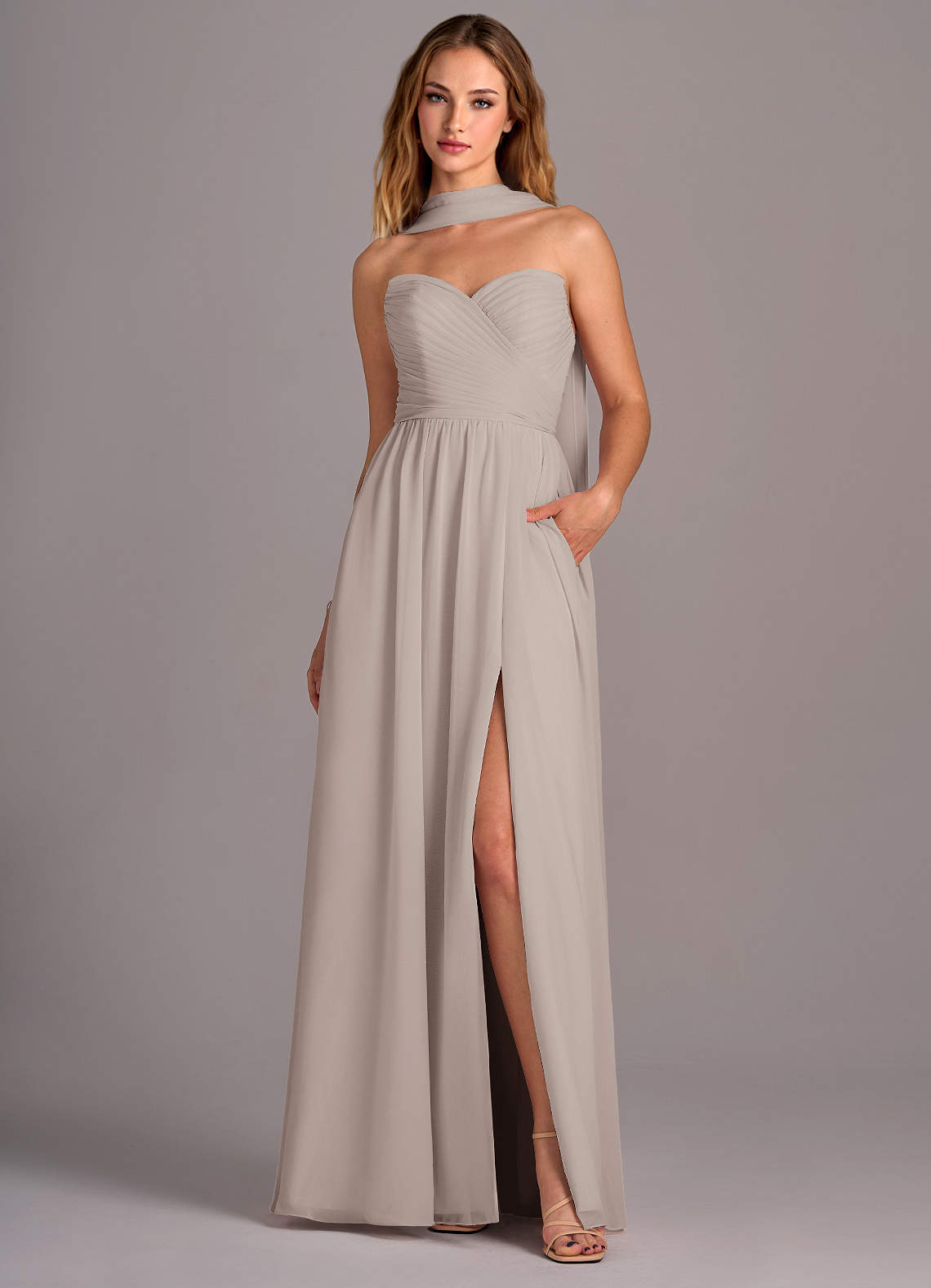 Azazie Joni Brautjungfernkleider Wandelbar A-Linie Schulterfrei Chiffon Kleid Frost image1