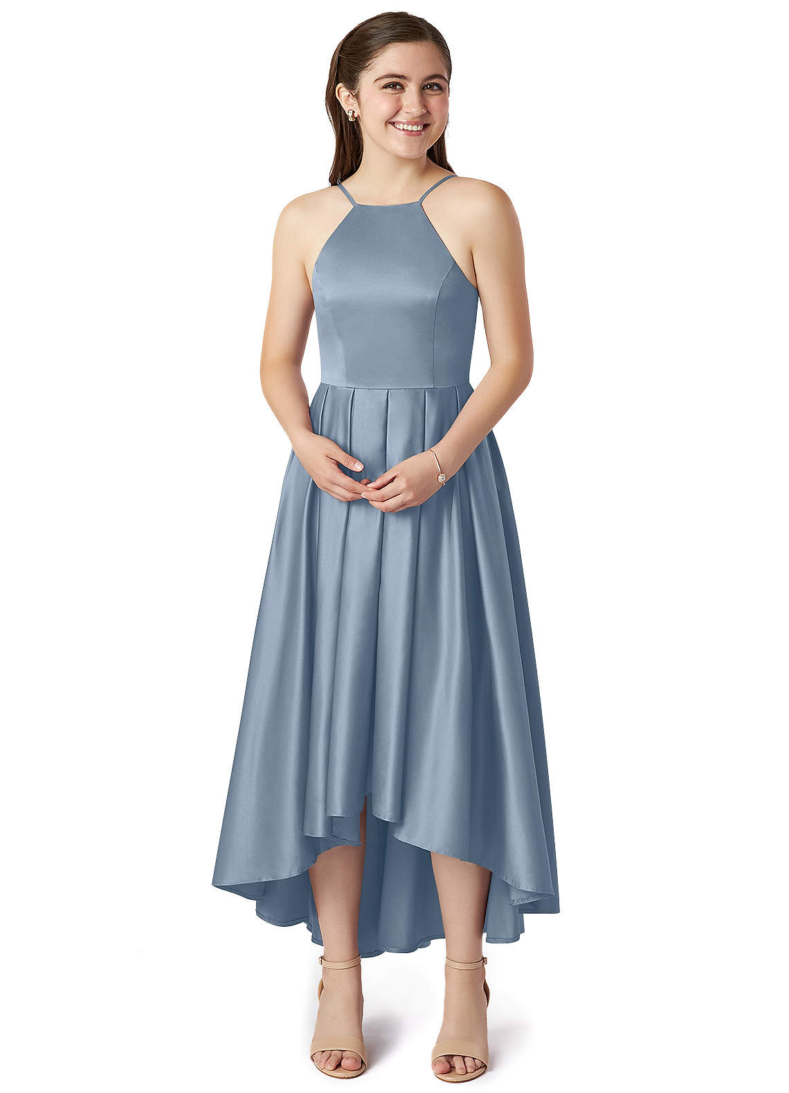 Azazie Jemima A-Line Matte Satin Asymmetrical Junior Bridesmaid Dress with Pockets image1
