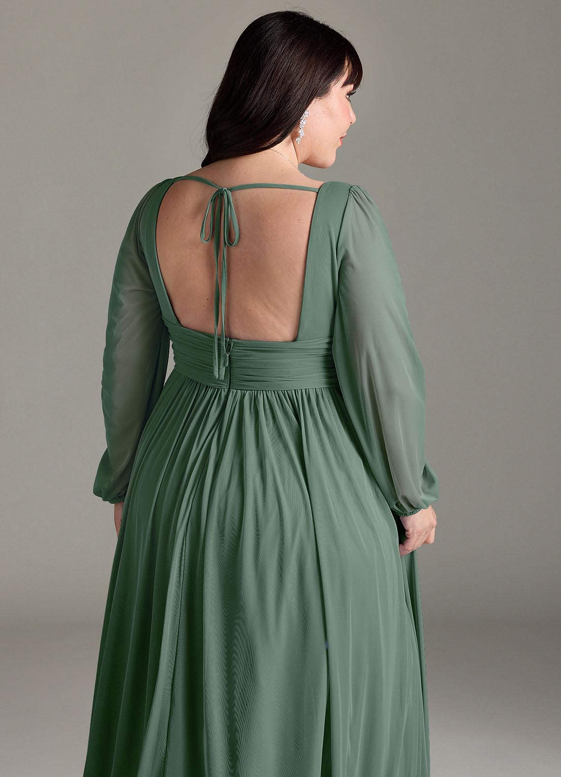 Azazie Norah Bridesmaid Dresses Eucalyptus A-Line V-Neck Long Sleeve Chiffon Dress image12