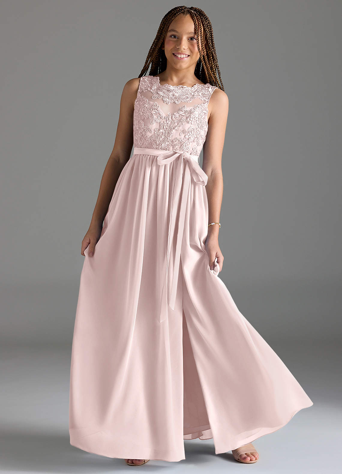 Azazie Elly Junior Jurk van Chiffon met A-Lijn Kant Blozend Roze image1