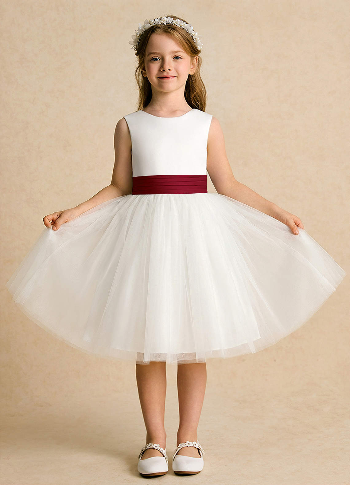 Azazie Sosie vestidos de niña de las flores Vestido de Marfil Burdeos de Tul de Corte en A con Plisado image1