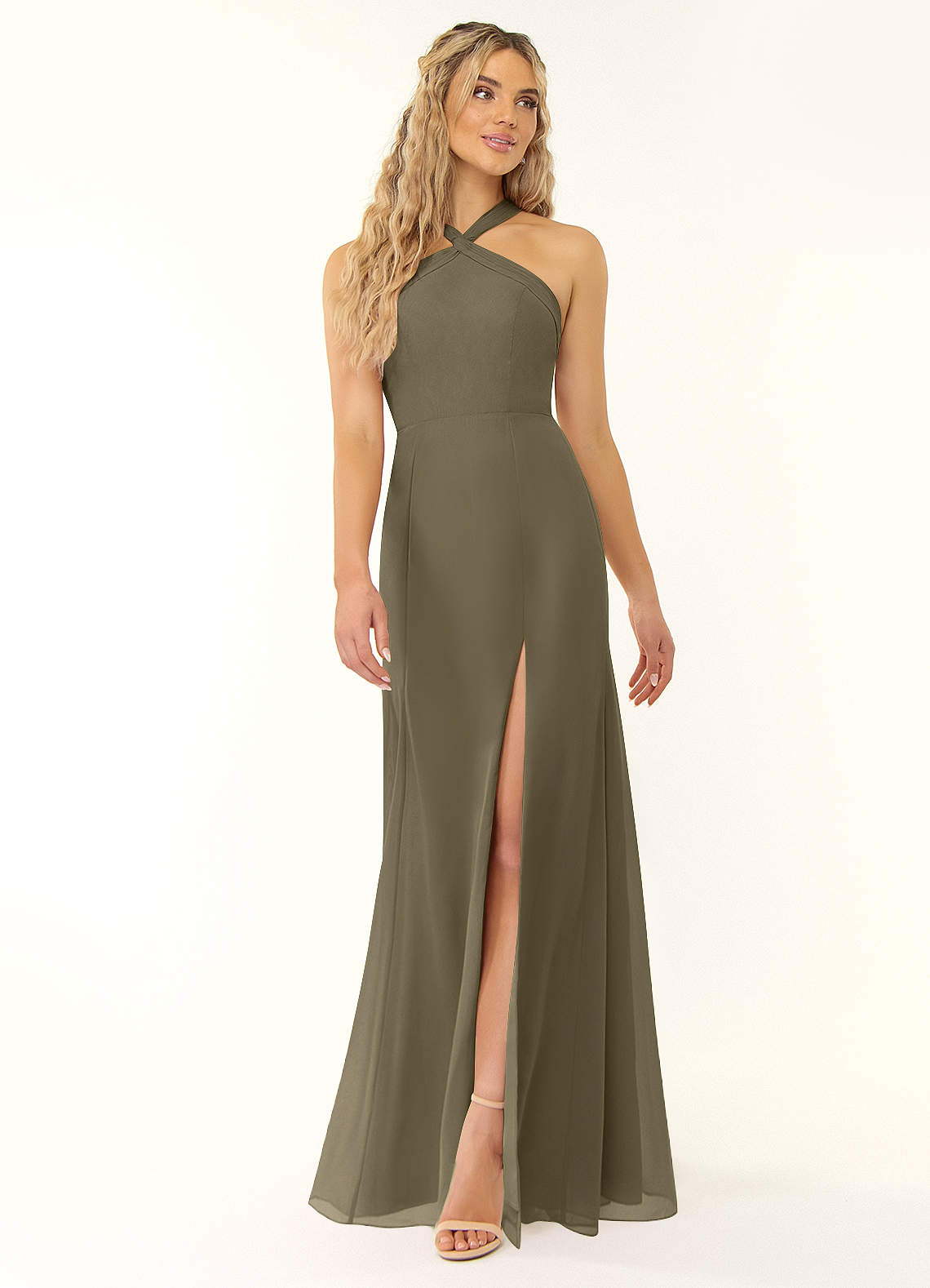 Azazie Rue Abiti da Damigella Abito A-Line in Chiffon con Scollo Halter Willow Green image1