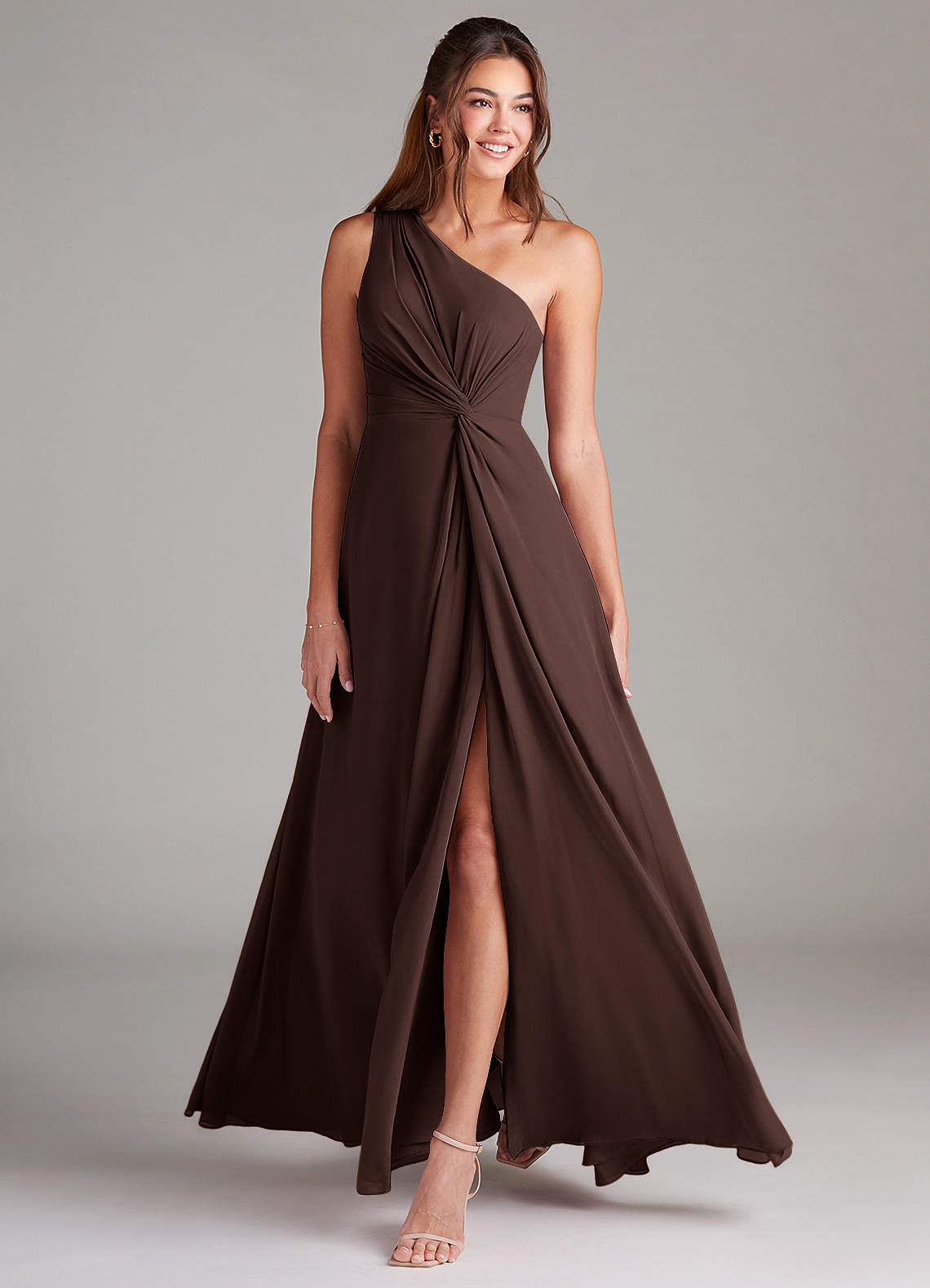 Azazie Brooke Brautjungfernkleider A-Linie One-Shoulder Chiffon Kleid Ganache image2