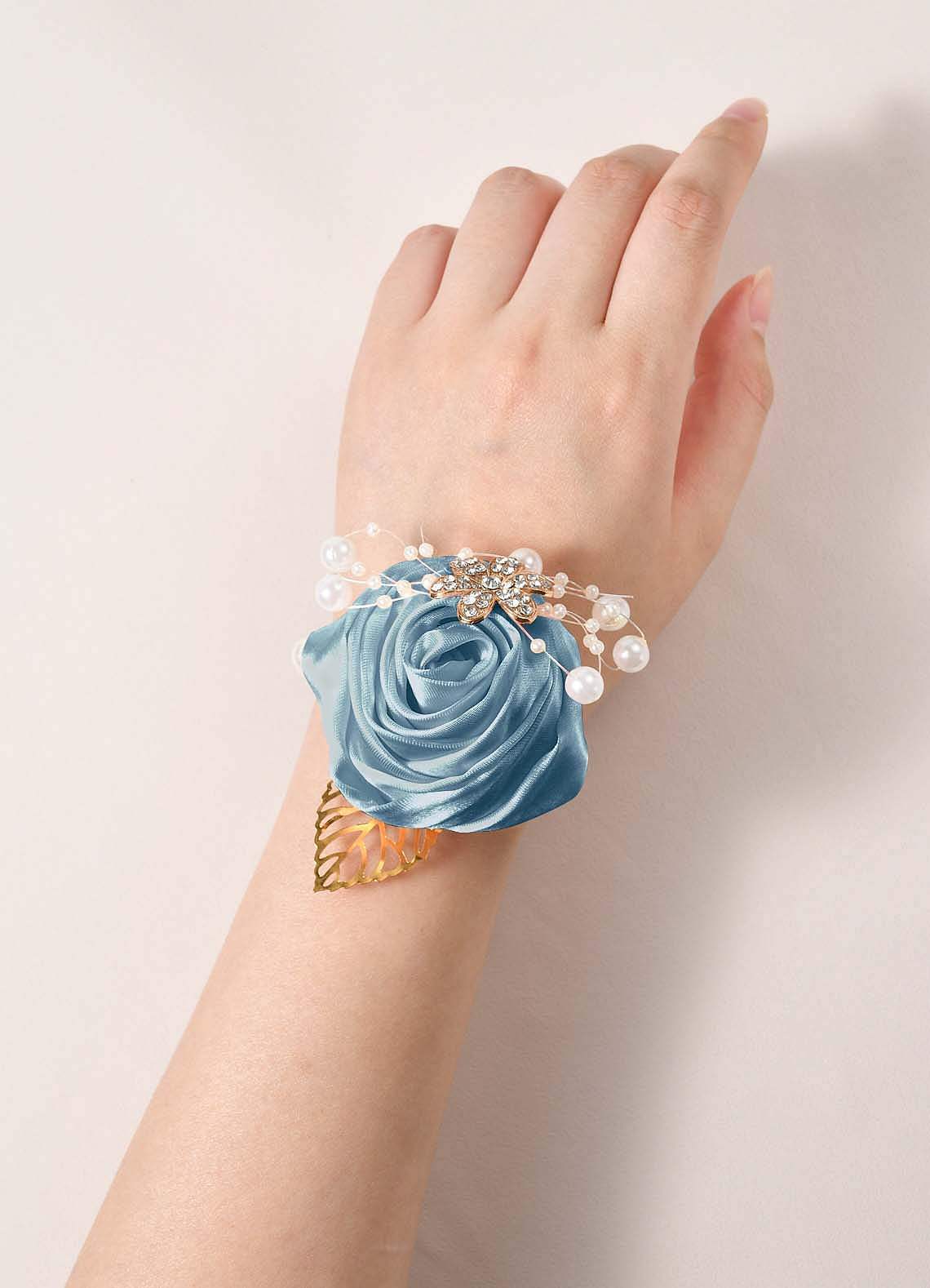 front Matching Color Bridesmaids Wrist Corsage with Pearl Bracelet