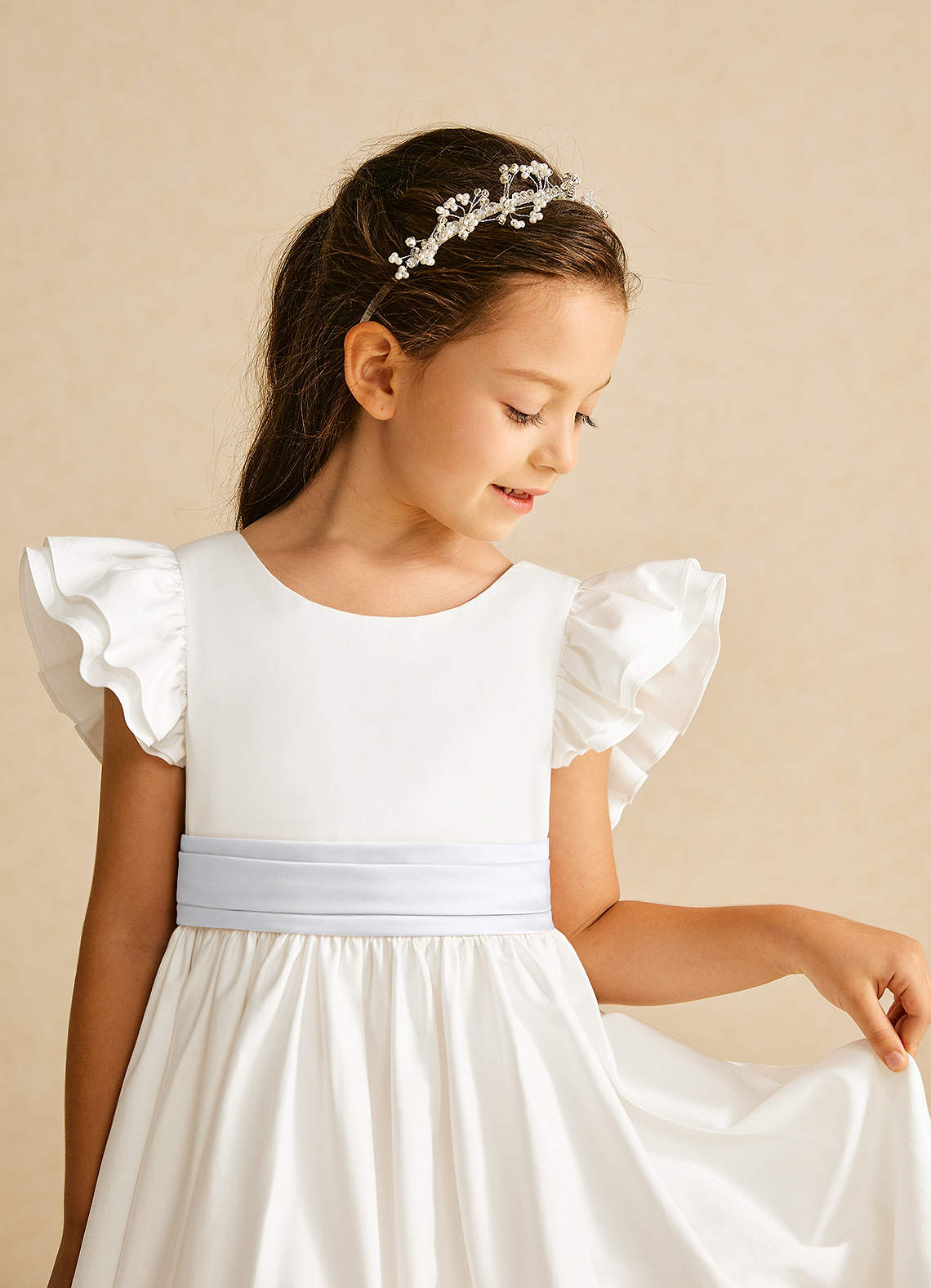 Azazie Aero Flower Girl Dresses Ivory White A-Line Pleated Cotton Dress image2