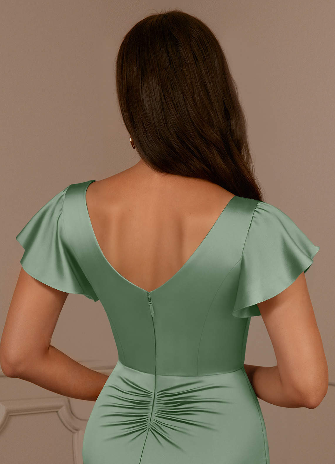 Azazie Roya Mother of the Bride Dresses Matcha Mermaid V-Neck Pleated Stretch Satin Dress image5