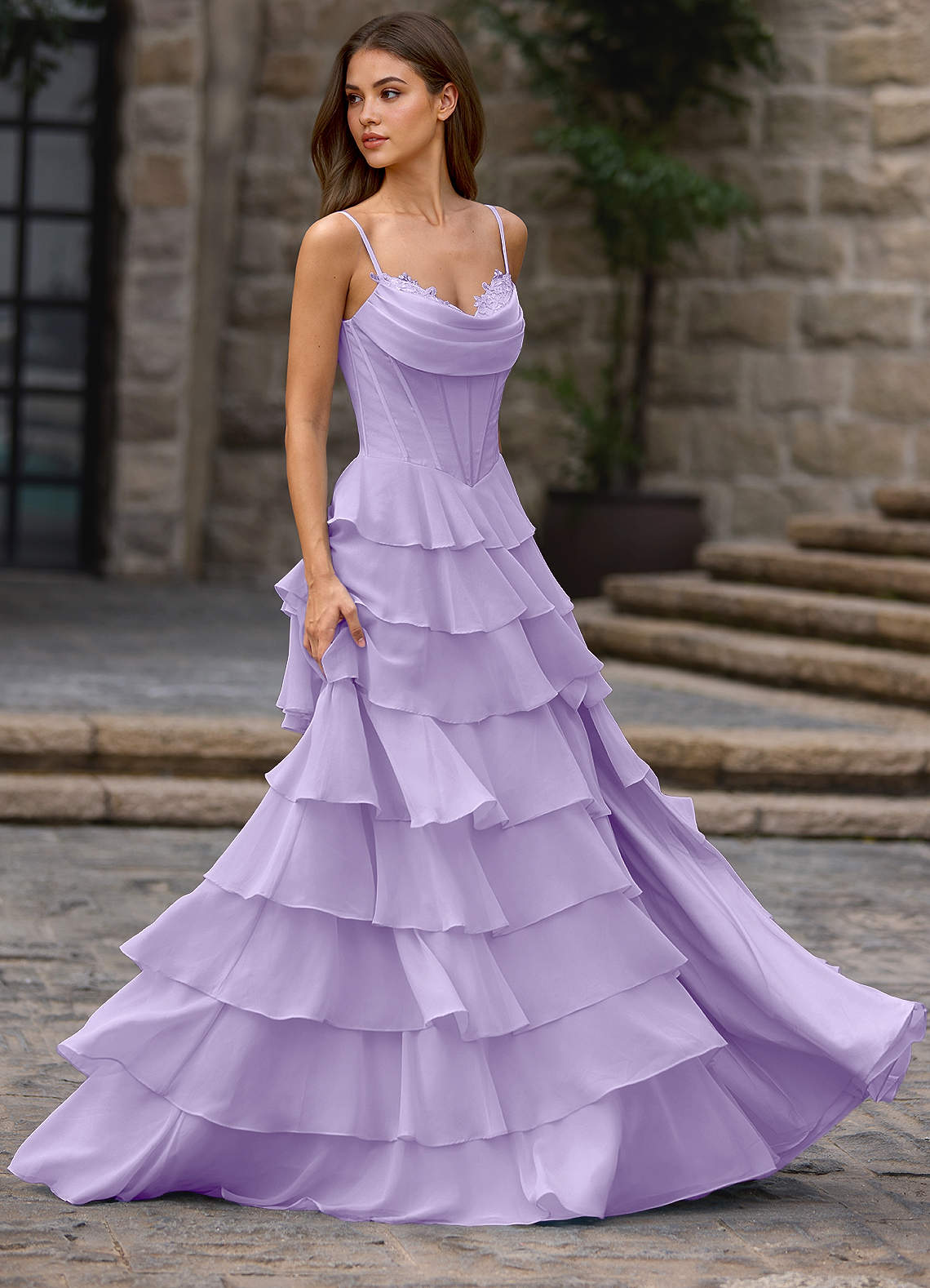 Floralace Lilac Ruffled A-line Prom Dress | Azazie