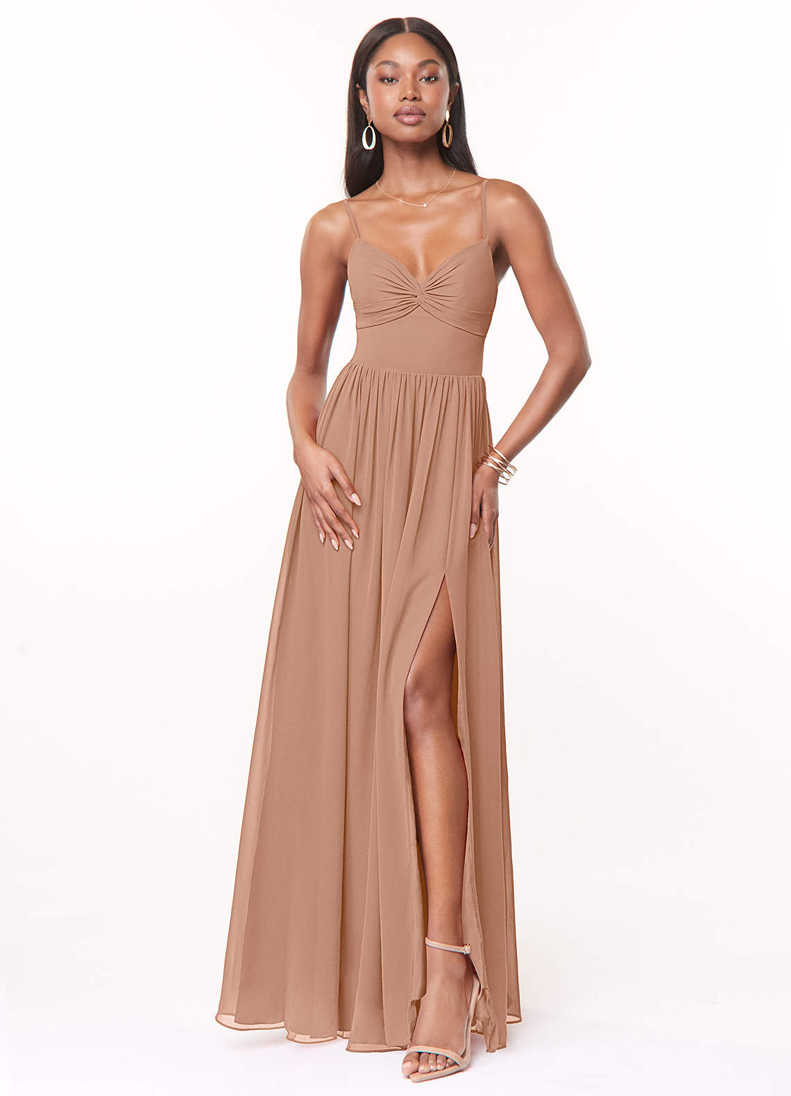 Azazie Zeya Bridesmaid Dresses Champagne Rose A-Line V-Neck Pleated Chiffon Dress image1