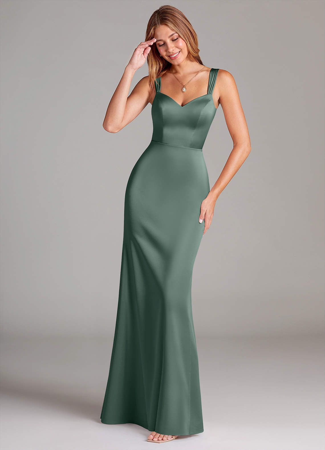 Azazie Denice At-home Try On Dresses Eucalyptus A-Line Pleated Stretch Satin Dress image1