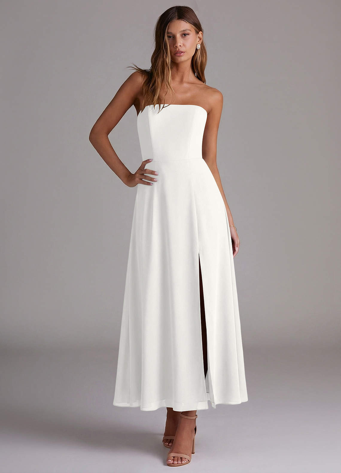 Azazie Wren Vestidos de madrinha de casamento Vestido Branco de Chiffon de Linha A com Sem alças image4