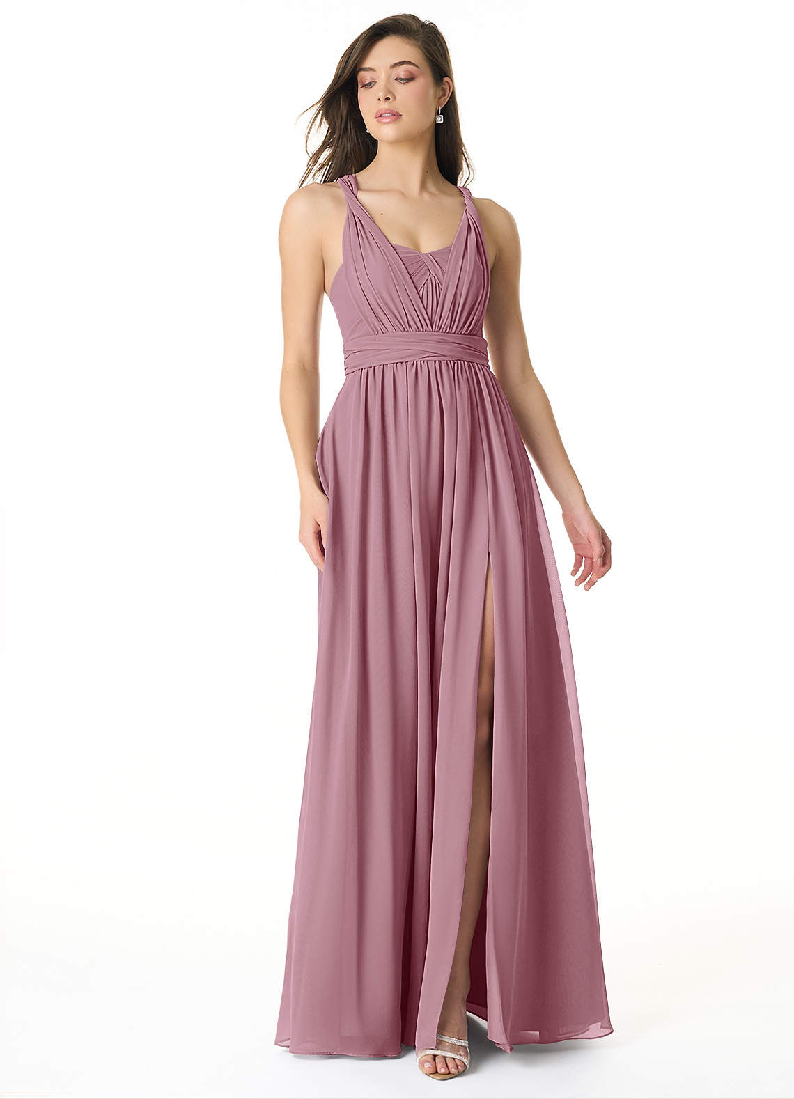 Azazie Olani Bridesmaid Dresses Vintage Mauve A-Line Off the Shoulder Chiffon Convertible Dress image1