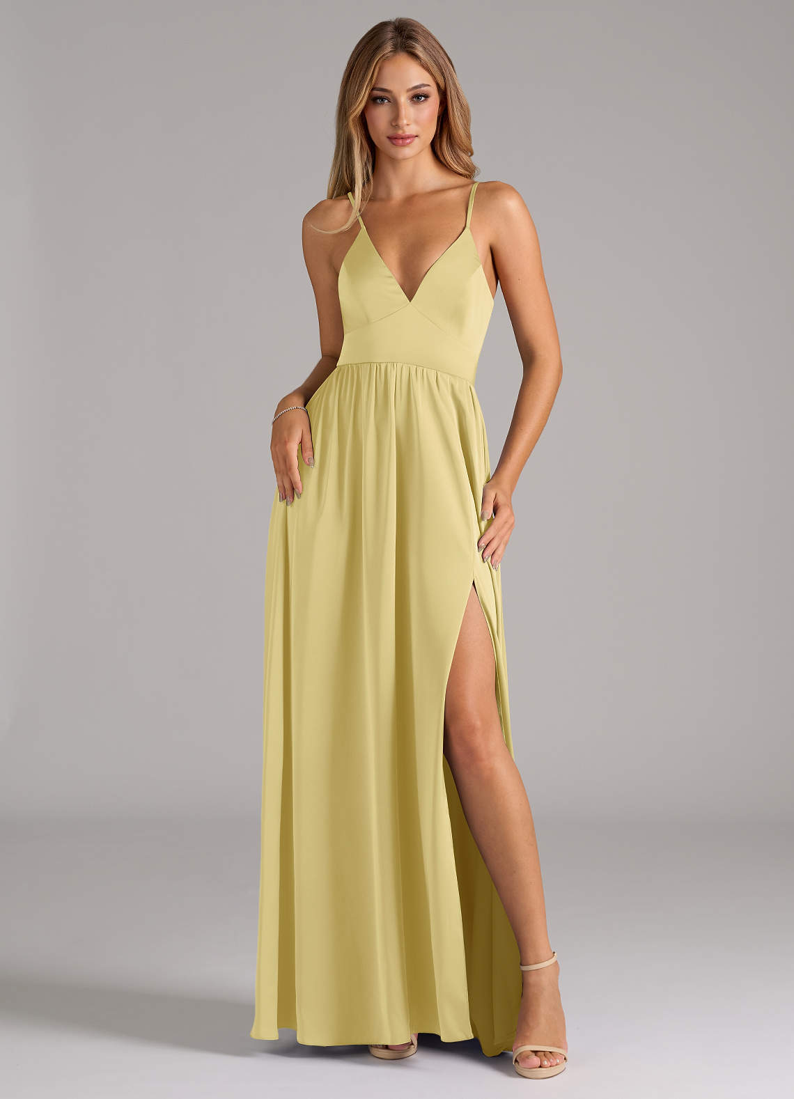 Azazie Aaida Jurken voor bruidsmeisjes Jurk van Stretch Satijn met A-Lijn Korset Citroensorbet image1