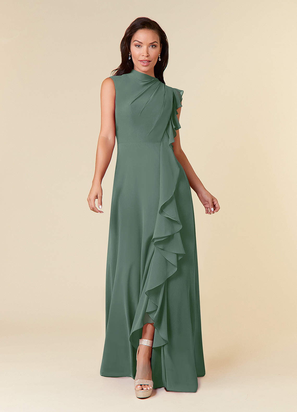 Azazie Narine Mother of the Bride Dresses Eucalyptus A-Line High Neckline Pleated Chiffon Dress image2