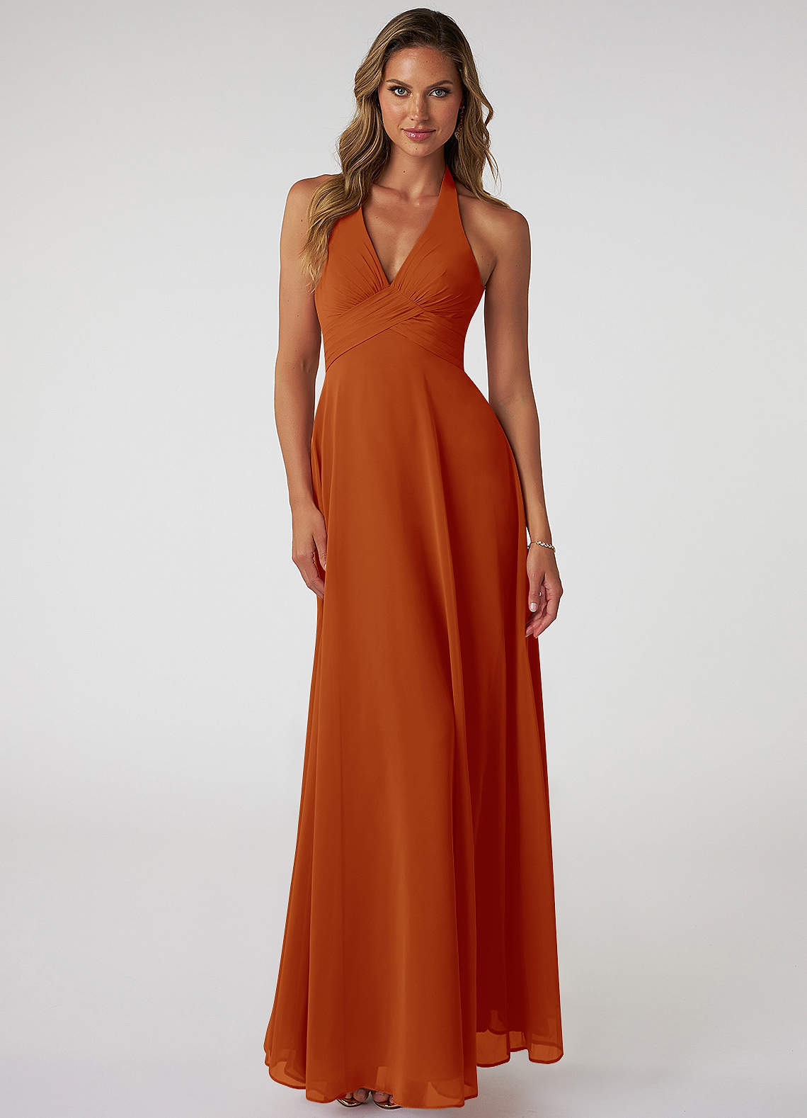 Azazie Tessie Robes de demoiselle d'honneur Robe Trapèze en Mousseline de soie Col V plissé Paprika image1