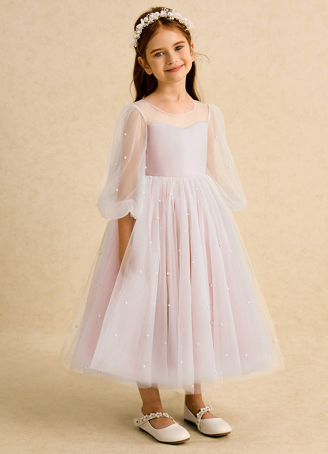 Azazie Trudy Flower Girl Dresses Blushing Pink Ball-Gown Sweetheart Neckline Tulle Dress image1
