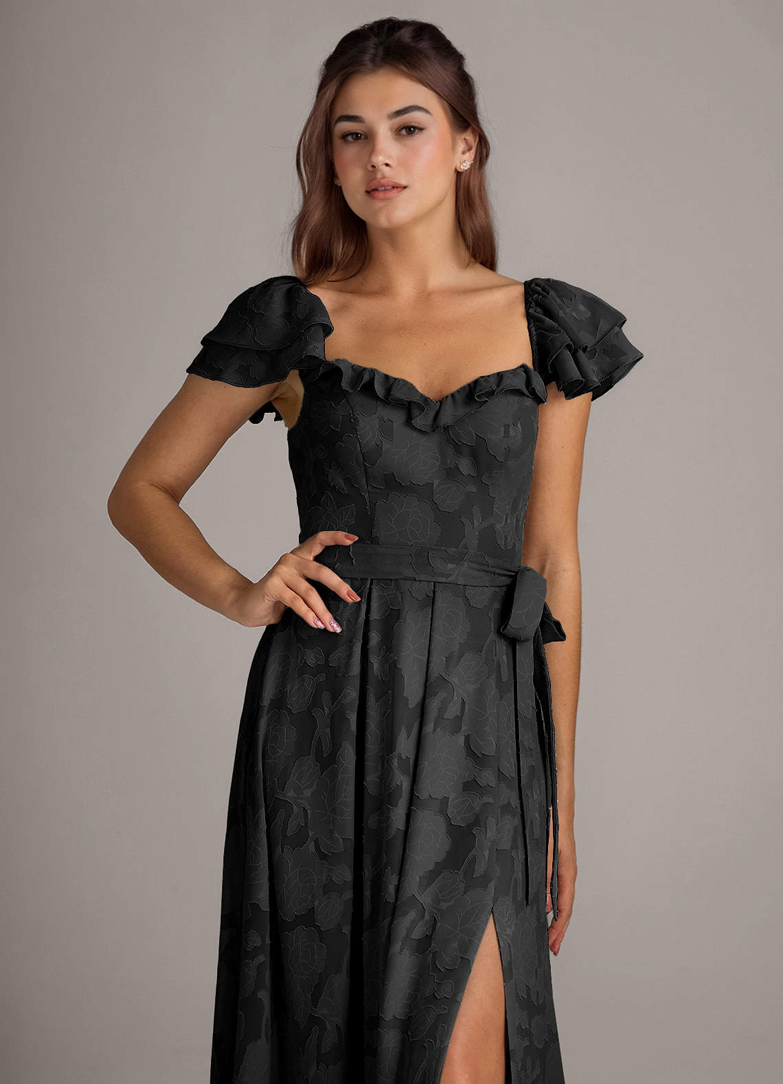 azazie black floral dress Aricella tied sash complete the Category_Brands/THE 8TH SIGN BCBG MAXAZRIA Halter Mini SIZE:21 39/40