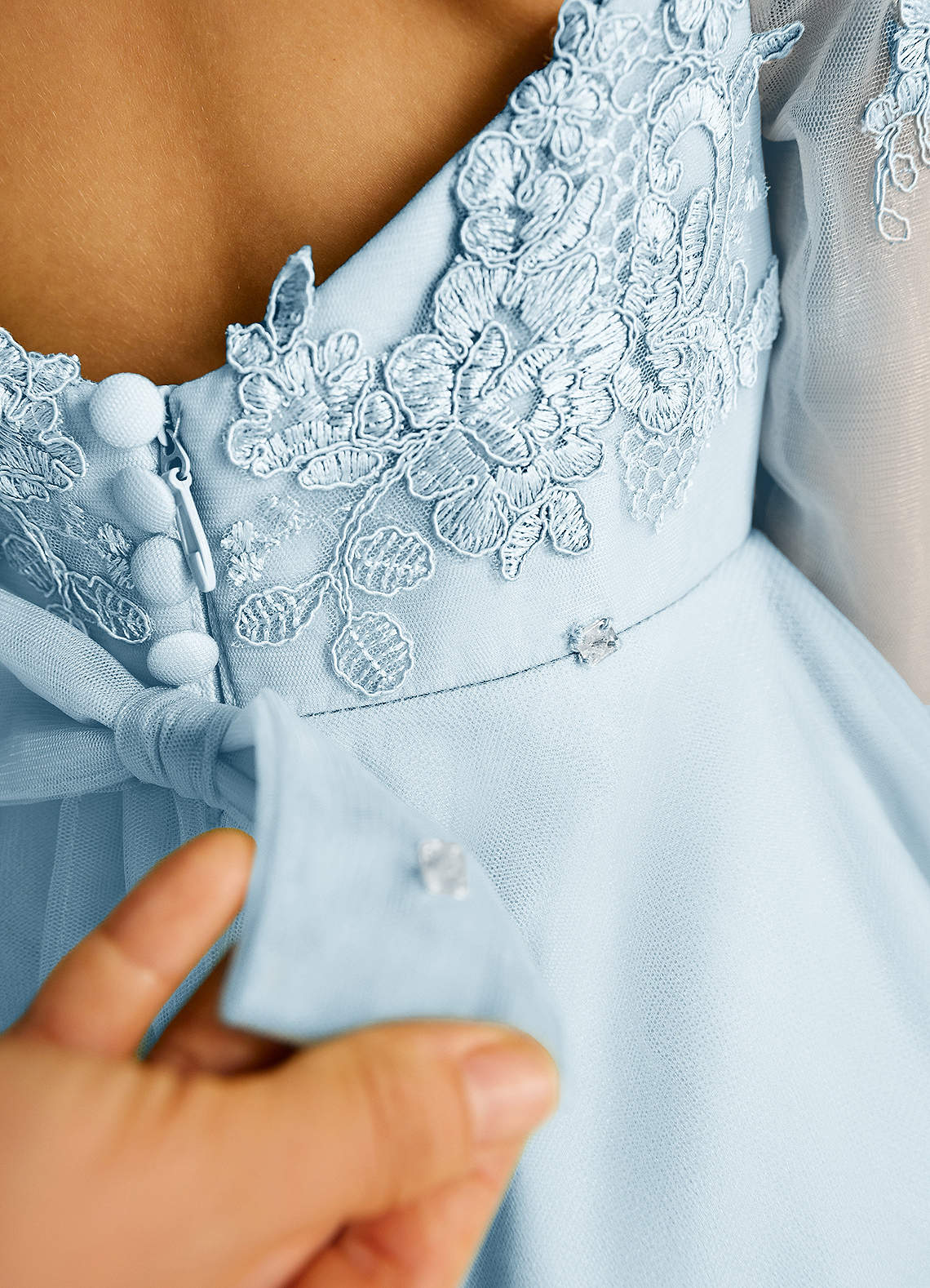Azazie Precious Flower Girl Dresses Sky Blue A-Line Lace Tulle Dress image5