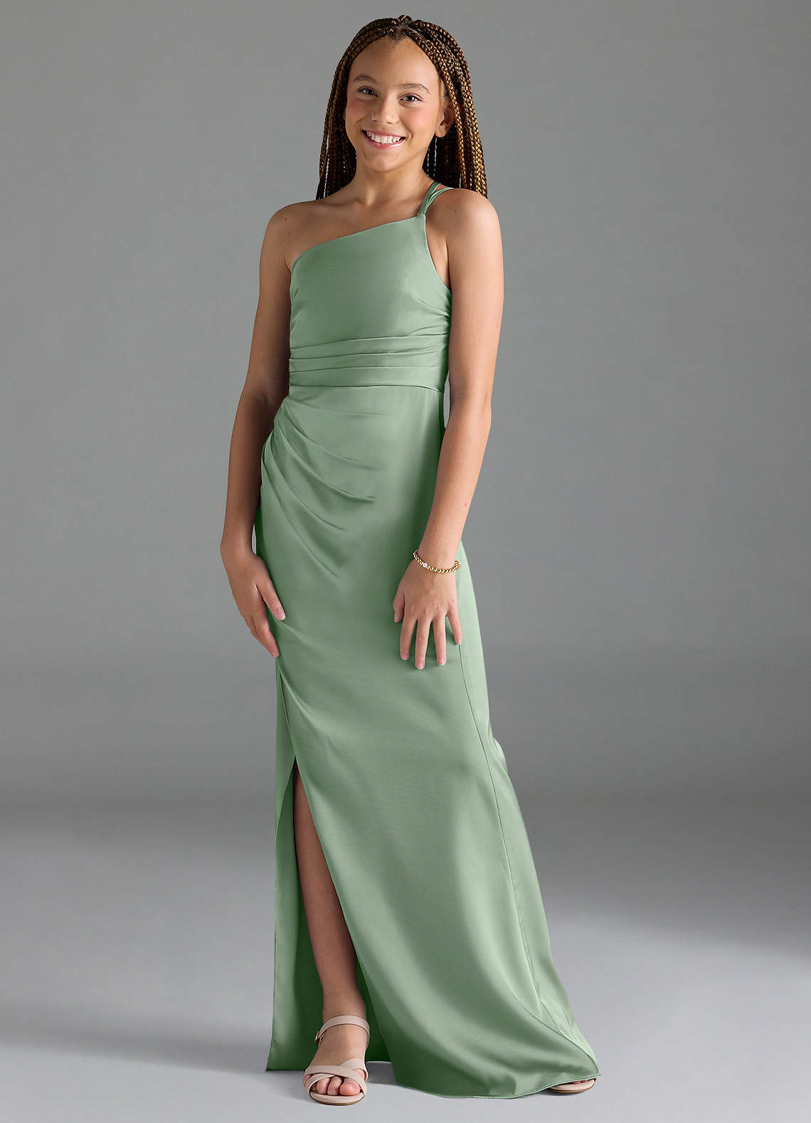 Azazie Eren Junior Matcha Sheath Pleated Stretch Satin Dress image1