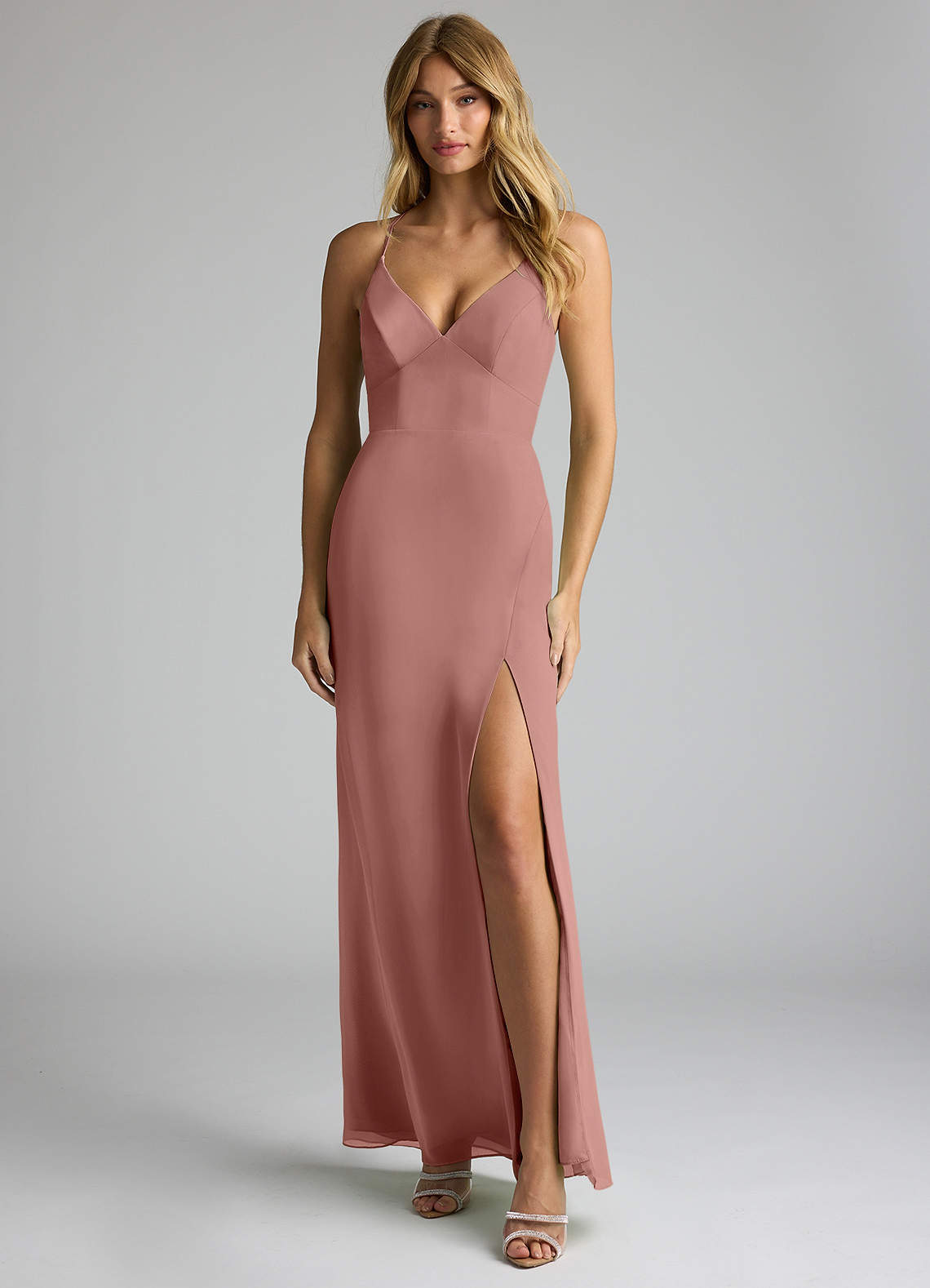 Azazie Becca Bridesmaid Dresses Cedar Rose Sheath V-Neck Chiffon Dress image1