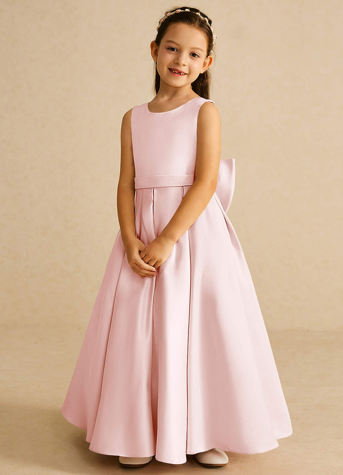 Azazie Pipsy Flower Girl Dresses Blushing Pink A-Line Bow Matte Satin Dress image3