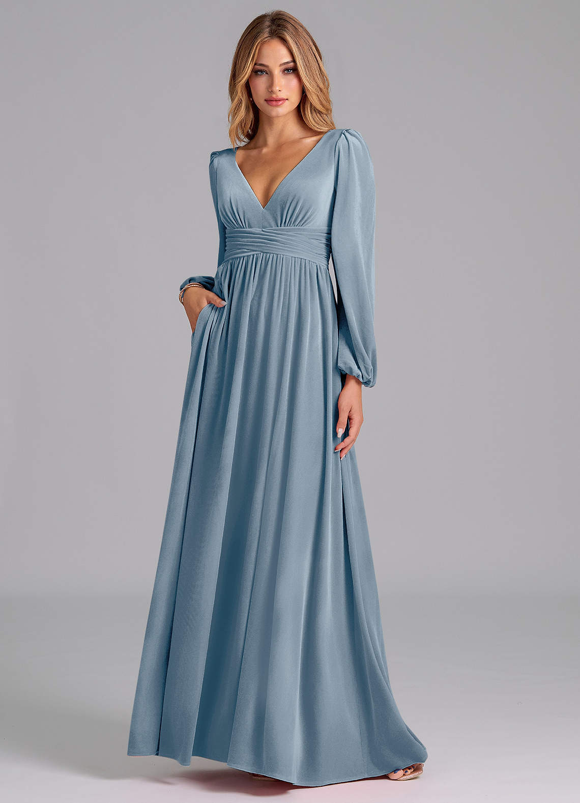 Azazie Norah Ready to Ship Dusty Blue Velvet Bridesmaid Dresses